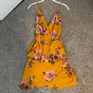 Yellow Floral Mini Dress - Medium